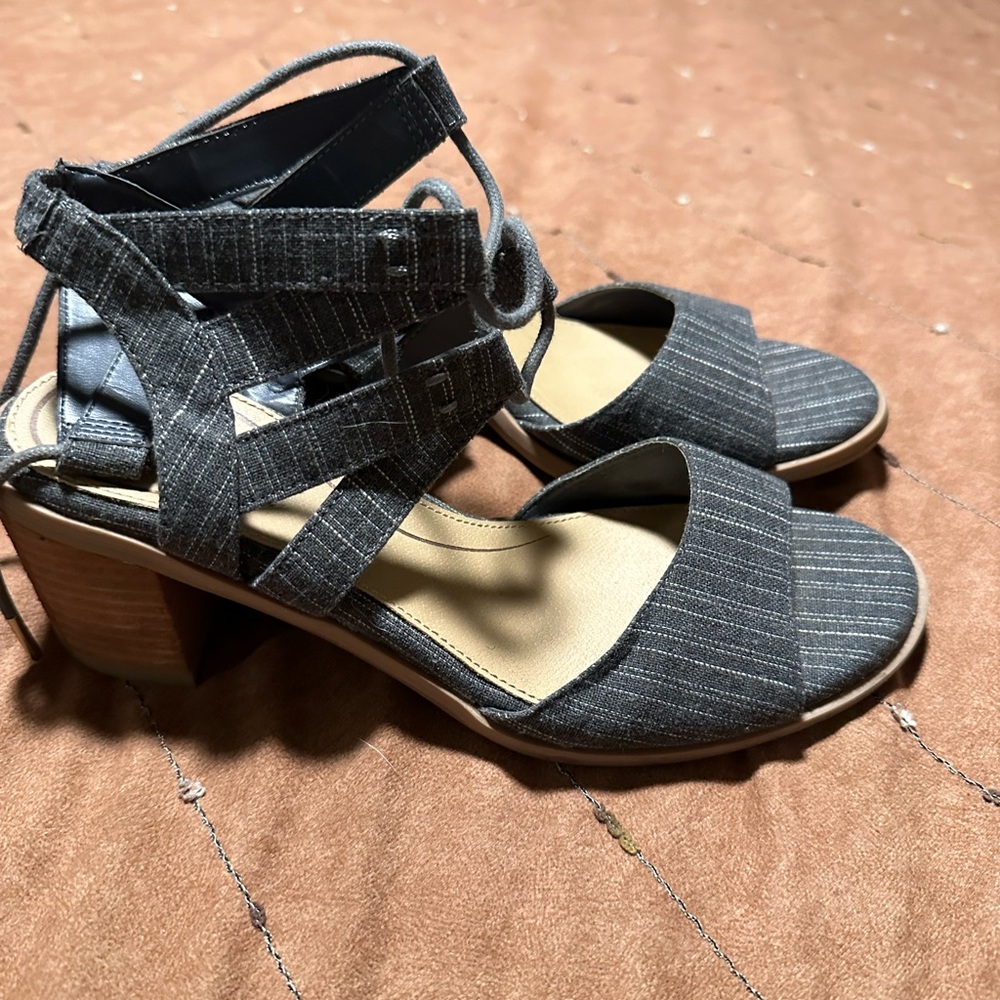 Dr. Scholl's Striped Denim Lace Up Peep Toe Heels Size 6.5